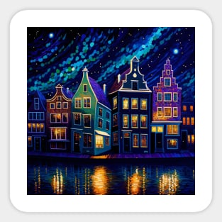 City blocks with lights on by the river side. Sticker